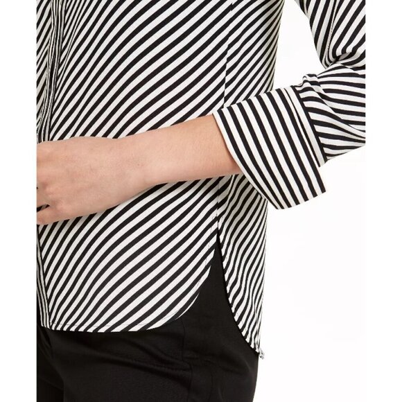 Anne Klein L Black and White Asymmetrical Striped Button Down Formal Shirt NWT - Picture 4 of 6